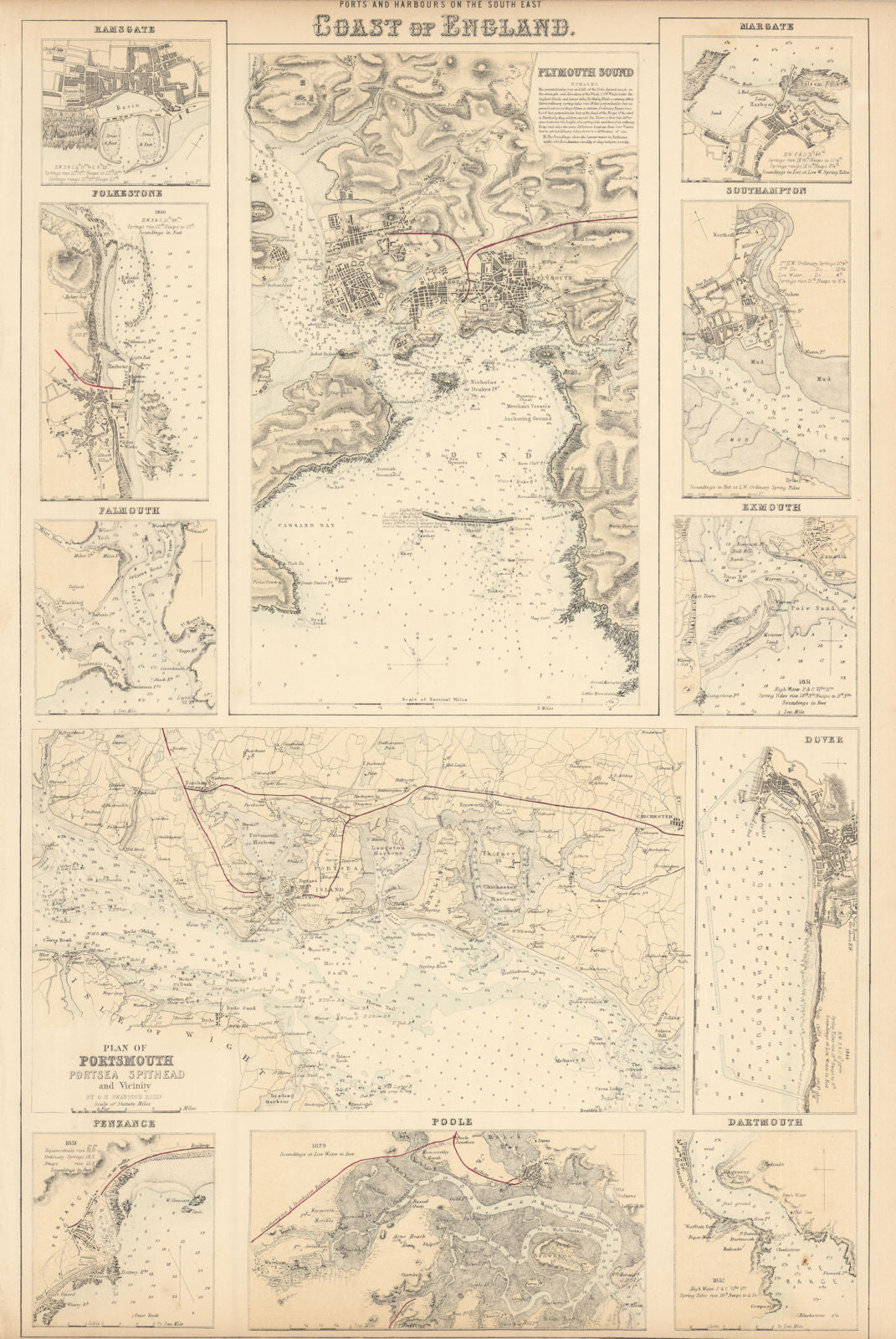 England South Coast Ports. Plymouth Portsmouth Poole Southampton c1863 old map